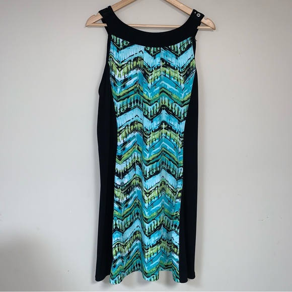 ๐ Blue Green Dress 1X XL Sheath Mini Geometric Pattern Black Sleeveless Summer - Picture 5 of 12